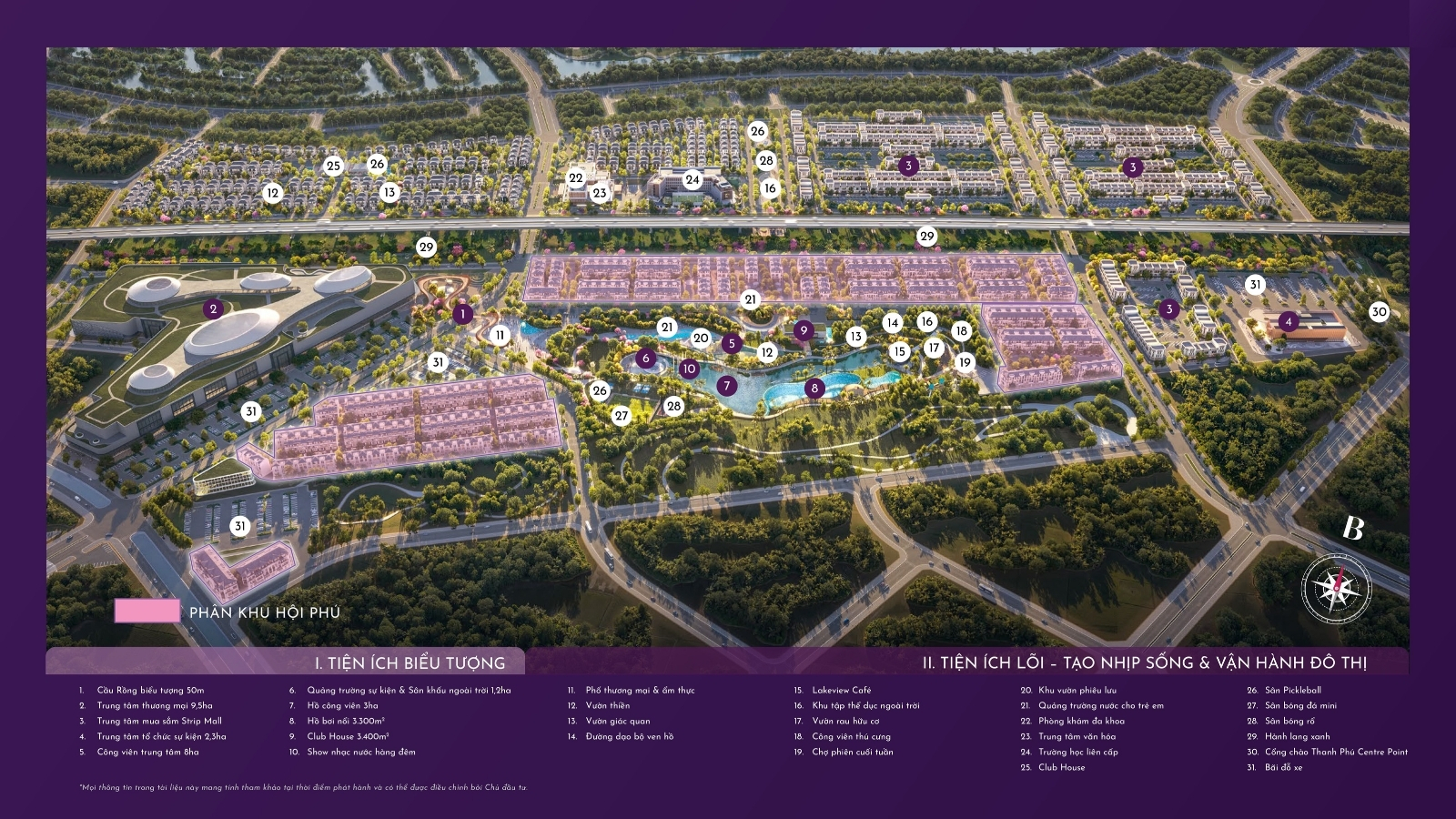 Sơ đồ phân bổ tiện ích chi tiết tại tiểu khu Hội Phủ và phân khu Miền Thương Phú.