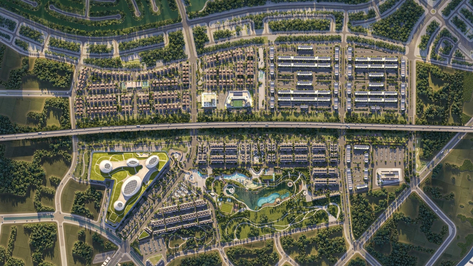 Phối cảnh toàn cảnh phân khu Miền Thương Phú giai đoạn 1 quy mô 85,2ha nhìn từ trên cao.