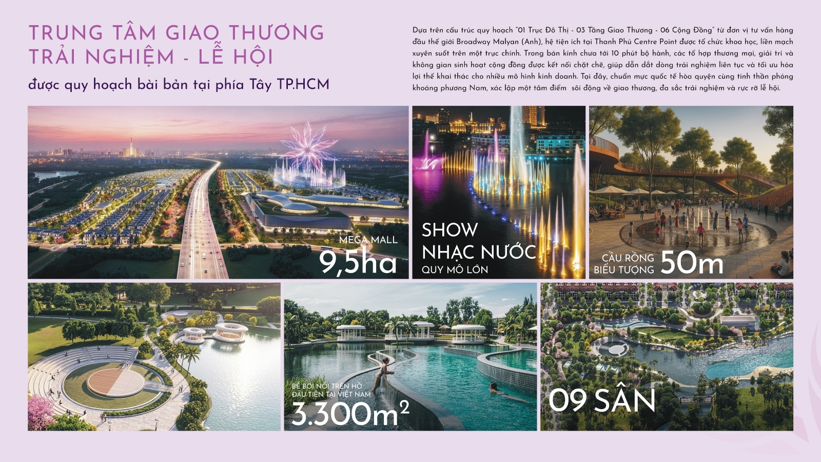 Hệ thống tiện ích nội khu đẳng cấp với hồ bơi tràn bờ và biển nhân tạo trung tâm.