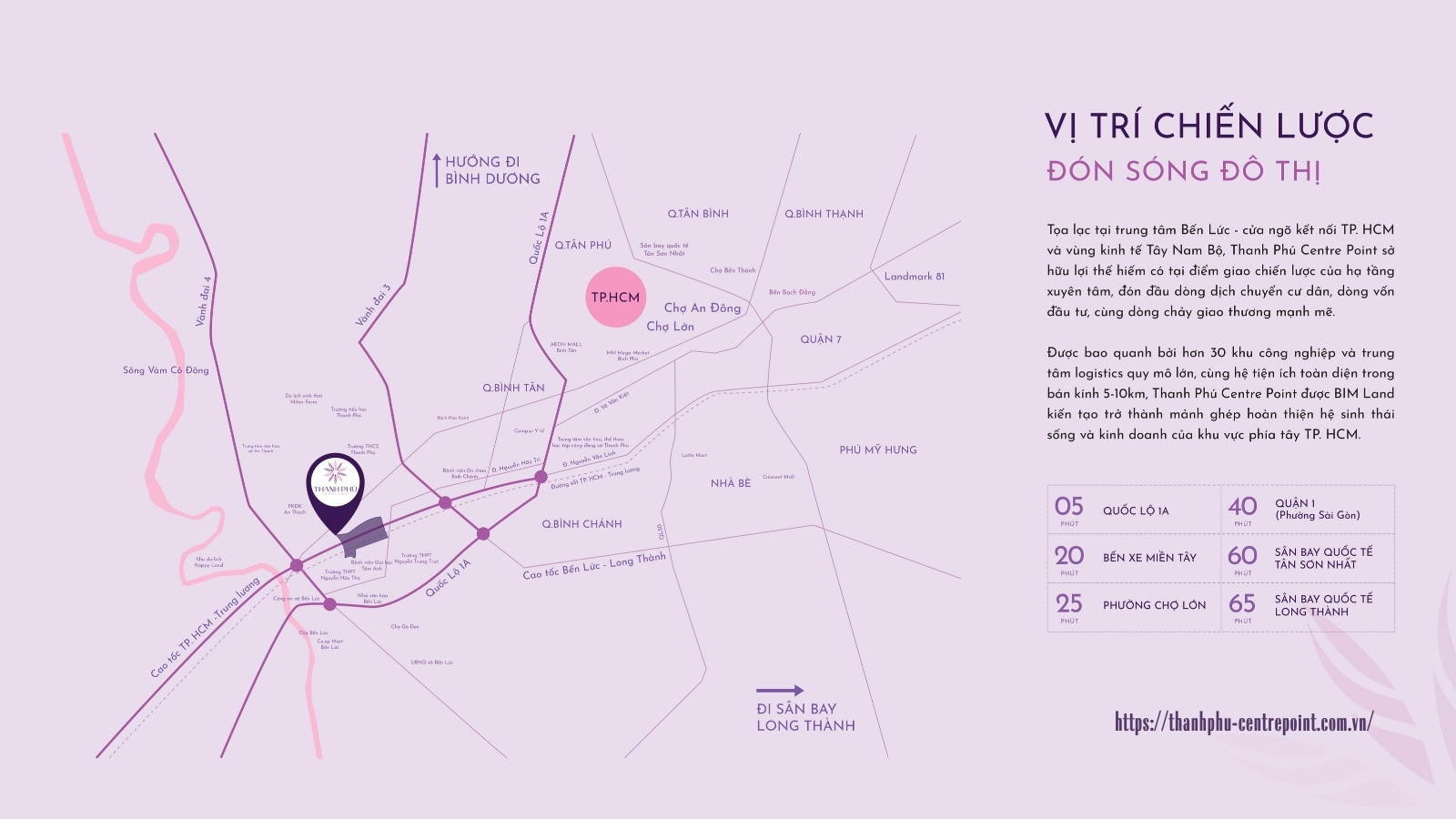 Bản đồ liên kết vùng chiến lược của dự án Thanh Phú Centre Point với hệ thống cao tốc và vành đai.